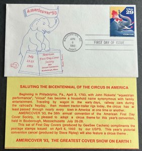 CIRCUS BICENTENNIAL #2753 APR 6 1993 WASHINGTON DC FIRST DAY COVER (FDC) BX3-2