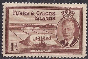 Turks & Caicos 1950 KGV1 1d Red Brown Salt Cay MM SG 222 ( L200 )