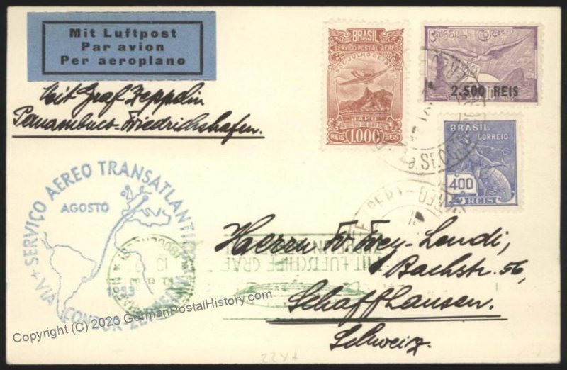 Brazil 1933 Graf Zeppelin Mi326Ab Flown Cover Schaffhausen Switzerland Be 112508