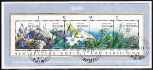 New Zealand 1990 used Sc #986 Souvenir sheet of 5: Orchids - NZ World Stamp E...