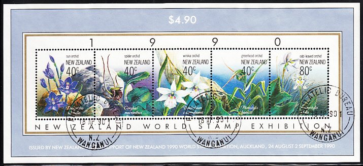 New Zealand 1990 used Sc #986 Souvenir sheet of 5: Orchids - NZ World Stamp E...