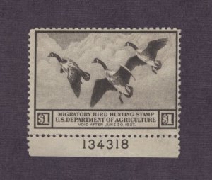 RW3 - Federal Duck Stamp. Plate Number Single.  MNG. Unused. #02 RW3mngpns