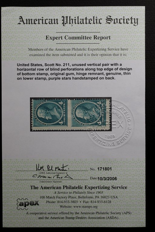 United States #211 Jackson Pair Blind Perfs w/APS Cert