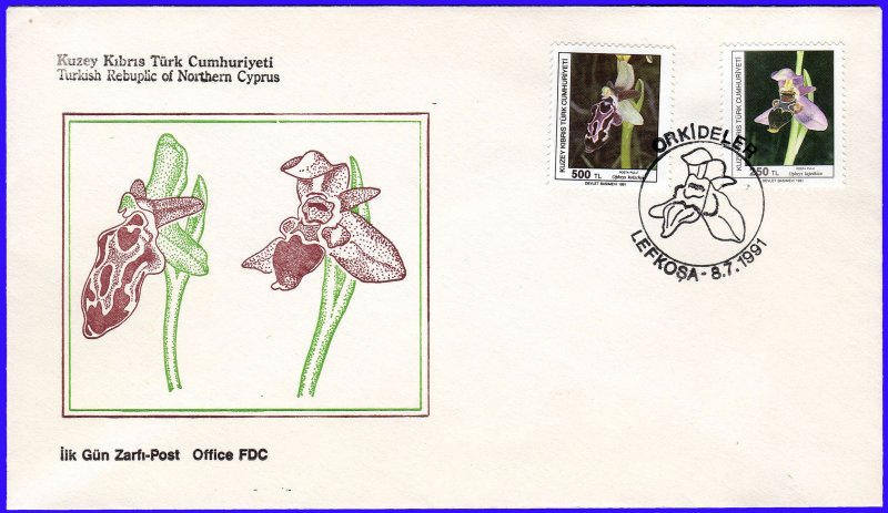 TURKISH CYPRUS 1991 ORCHIDS I & II 6 VALUES - 2 FIRST DAY COVERS FDC