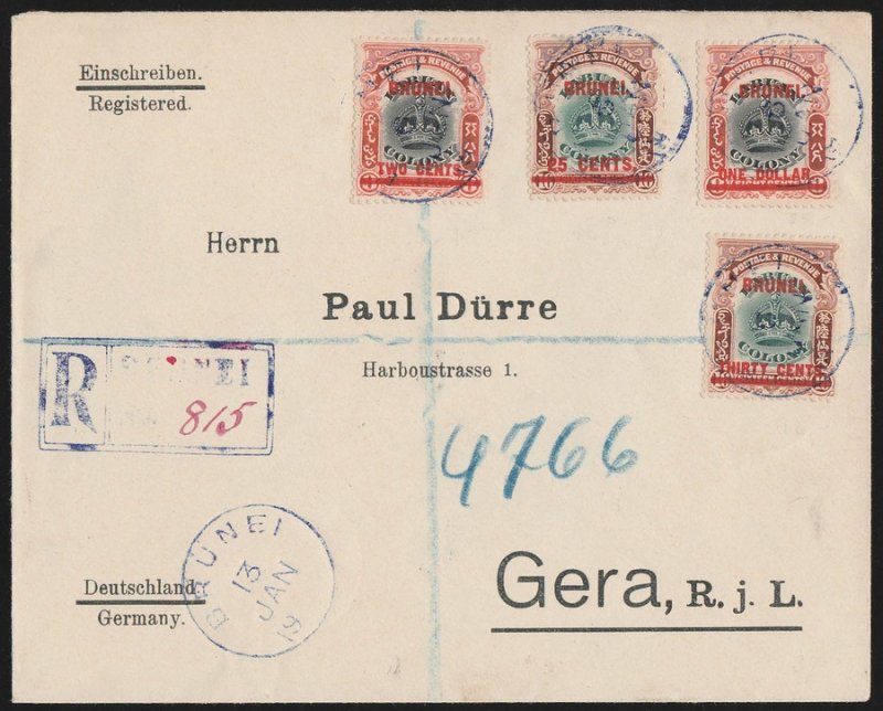 BRUNEI : 1908 Registered cover franked Labuan Crown. To Germany. Rare!!