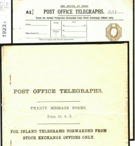 GB STATIONERY 1s *Stock Exchange* Telegraph Form & Original Booklet Cover 1923