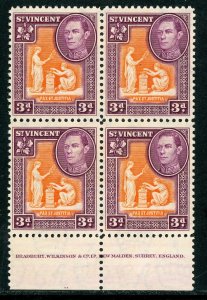 St. Vincent 1938 British 3¢ KGVI Scott #154 Inscription Block MNH F490