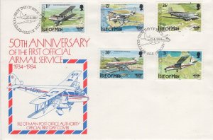 Isle of Man 1984 FDC Sc 262-266 Airplanes Official Airmail Service 50th ann
