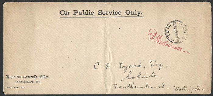 NEW ZEALAND 1905 OPSO cover, Registrar General's Office, Wellington........62013