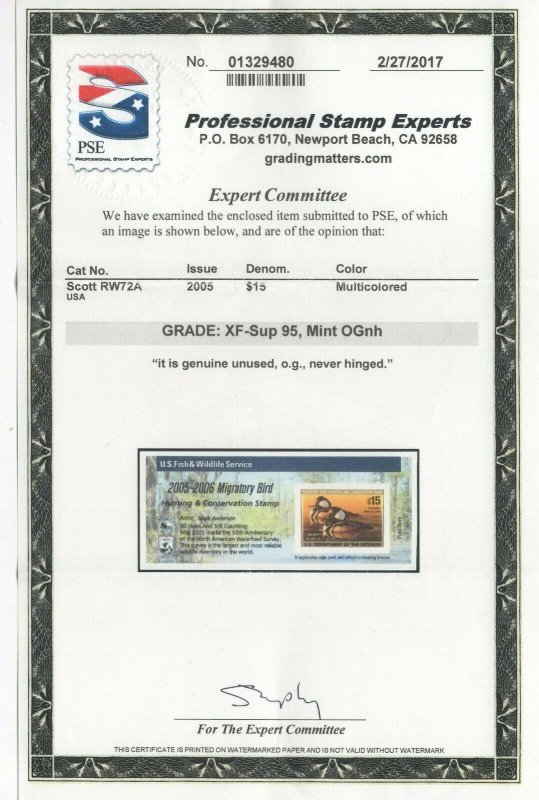 #RW72A Graded XF-Sup 95 Mint OG NH w/PSE Cert. SMQ $75 (JH 8/13)