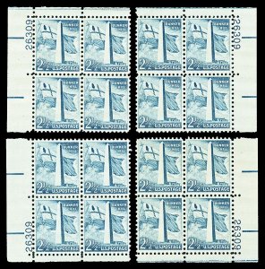 Scott 1034 2.5c Bunker Hill Liberty Issue Matching Plate Blocks of Four Mint NH