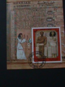 SHARJAH-1972-FAMOUS ARTS OF EGYPT-RAHOTPE & NOFRET-CTO-IMPERF S/S VF-LAST ONE