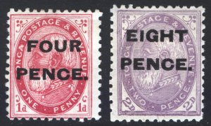 Tonga 1891 4d on 1d - 8d on 2d George I Surch SG 5-6 Scott 6-7 MLH Cat £43($56)