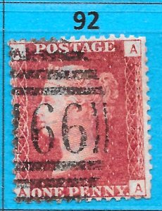 GB QV 1868 SG43 / 44, 1d Penny Red, Good Used, Plate 92 (AA)