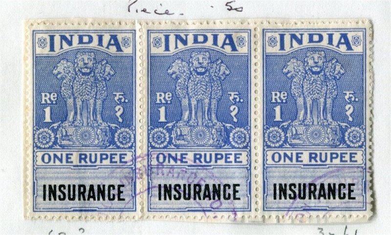 INDIA; 1950s early GV State Revenue Insurance fine used 1R. Strip of 3