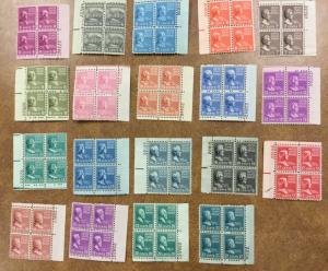 US #803- 826  1938 Prexie Short set to 21c  24 Plate Blocks of 4, NH F/ VF 