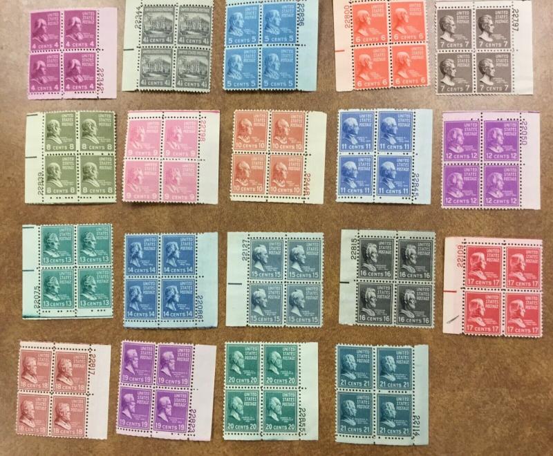 US #803- 826  1938 Prexie Short set to 21c  24 Plate Blocks of 4, NH F/ VF 