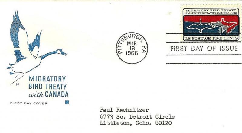 U.S. 1966 MIGRATORY BIRD TREATY #1306 on a Farnum FDC Cachet (TA2162063)