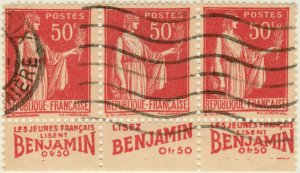 FRANCE - 1933 pub BENJAMIN sur bande de 3x Yv.283 50c Paix t.I