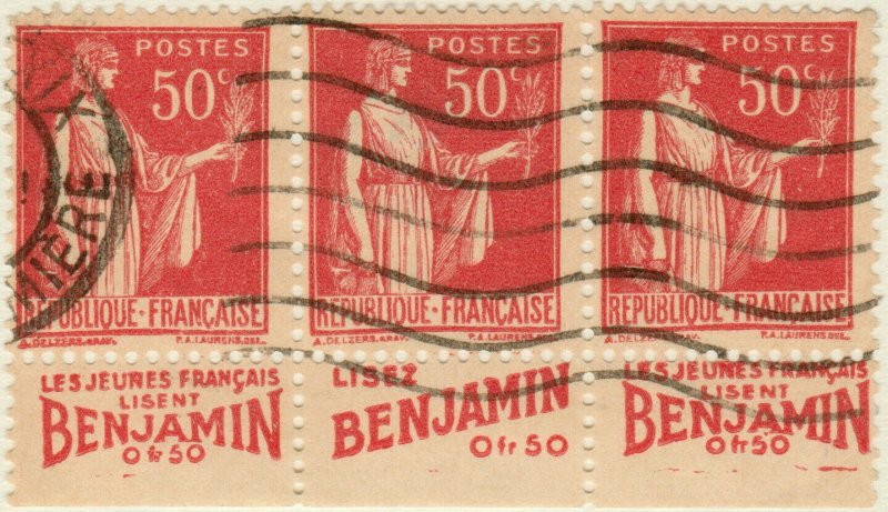 FRANCE - 1933 pub BENJAMIN sur bande de 3x Yv.283 50c Paix t.I