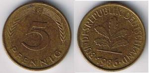 1986 F German 5 Pfennig Coin FC347