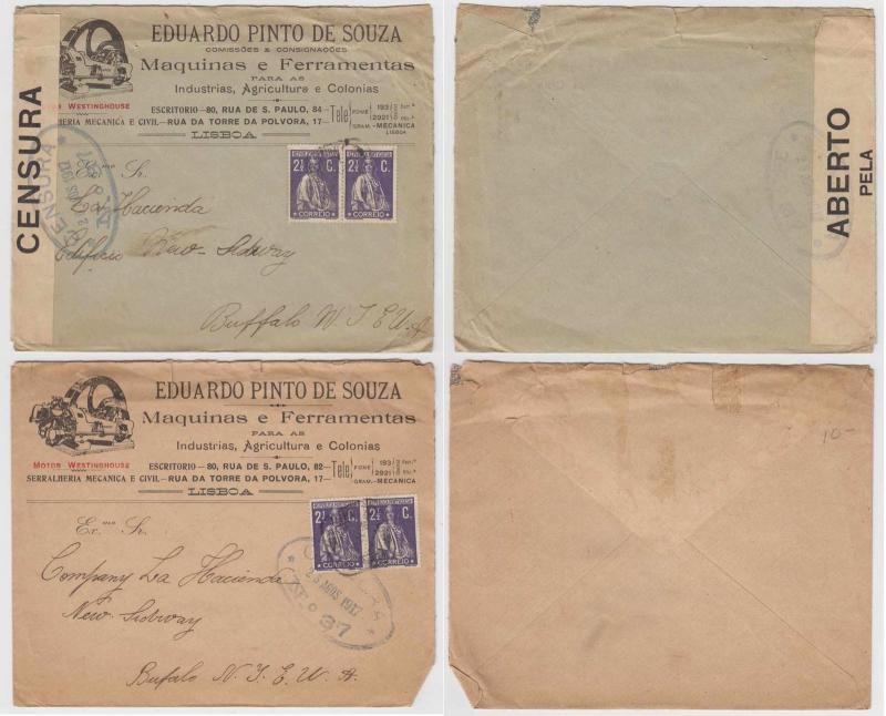 PORTUGAL 1917 TWO ADVERTISING (MOTORS) CENSORED COVERS 5c RATE TO NEW YORK, USA 