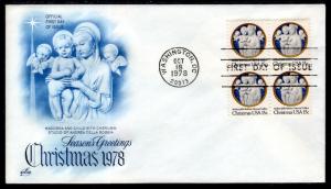 US 1768 Christmas Madonna Block of Four Artcraft U/A FDC