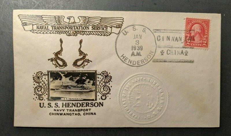 1939 USS Henderson Chinwangtao China Embossed Crosby Navy Cover Ship Cancel