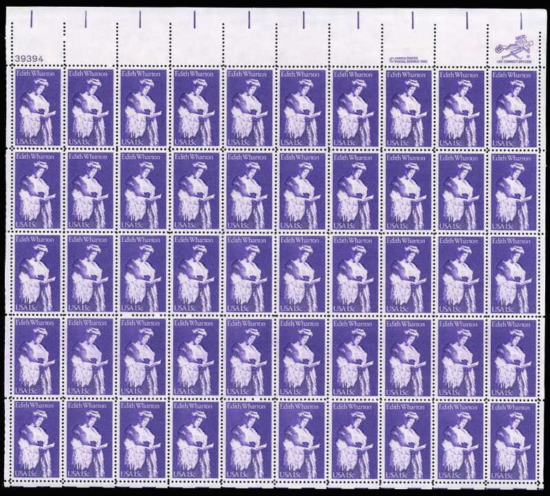US Stamp 1980 Novelist Edith Wharton 50 Stamp Sheet #1832