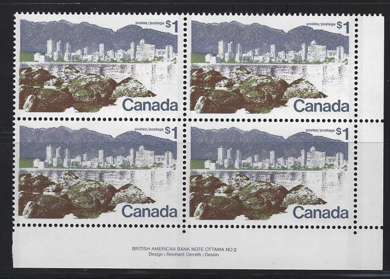 CANADA - #599aiv - $1 VANCOUVER LANDSCAPE DEFINITIVE LR PLATE #2 BLOCK (1977) 