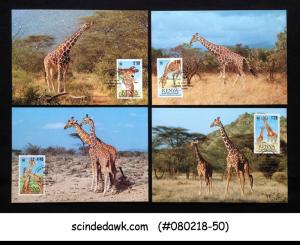 KENYA - 1989 RETICULATED GIRAFFE ANIMALS - SET OF 4 MAXI CARDS - FDI