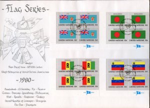 UNITED NATIONS 1980 FLAG IMPRINT BLOCKS  WFUNA CACHET BY CHAIM GROSS ON  4 FDCs