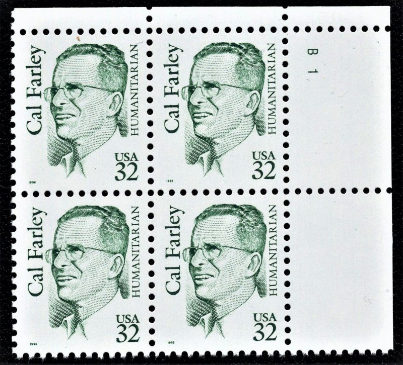 US 2934 MNH VF/XF 32 Cent Cal Farley Plate Block  Humanitarian Surface Tagging