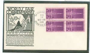 US 852 1939 3c Golden Gate International Expo (block of 4) on an unaddress FDC with an Stephen Anderson Cachet