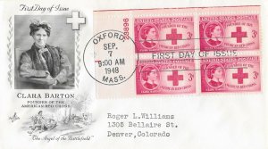 1948 FDC, #967, 3c Clara Barton, Art Craft, plate block of 4