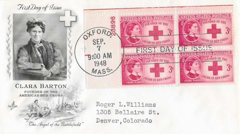 1948 FDC, #967, 3c Clara Barton, Art Craft, plate block of 4