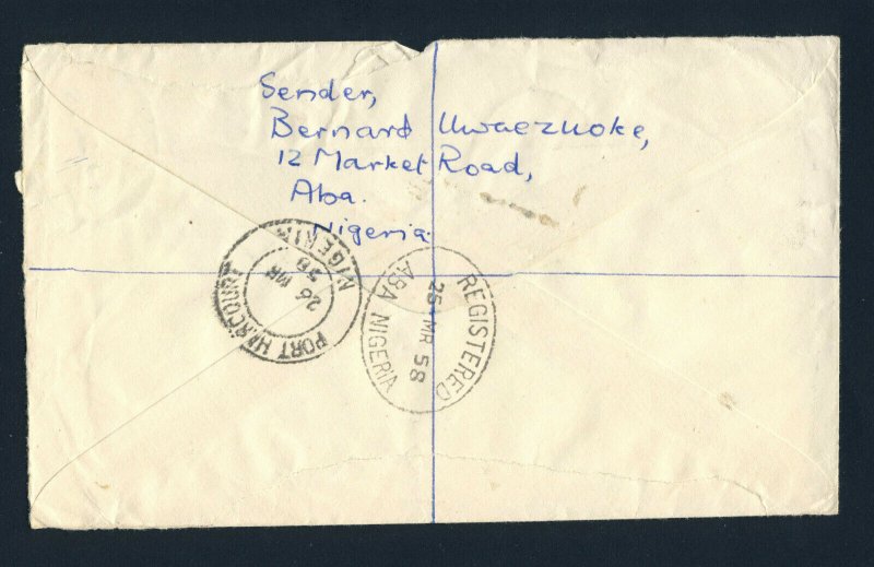 NIGERIA to ENGLAND 1958 Registered Air Mail Cover ABA to LONDON