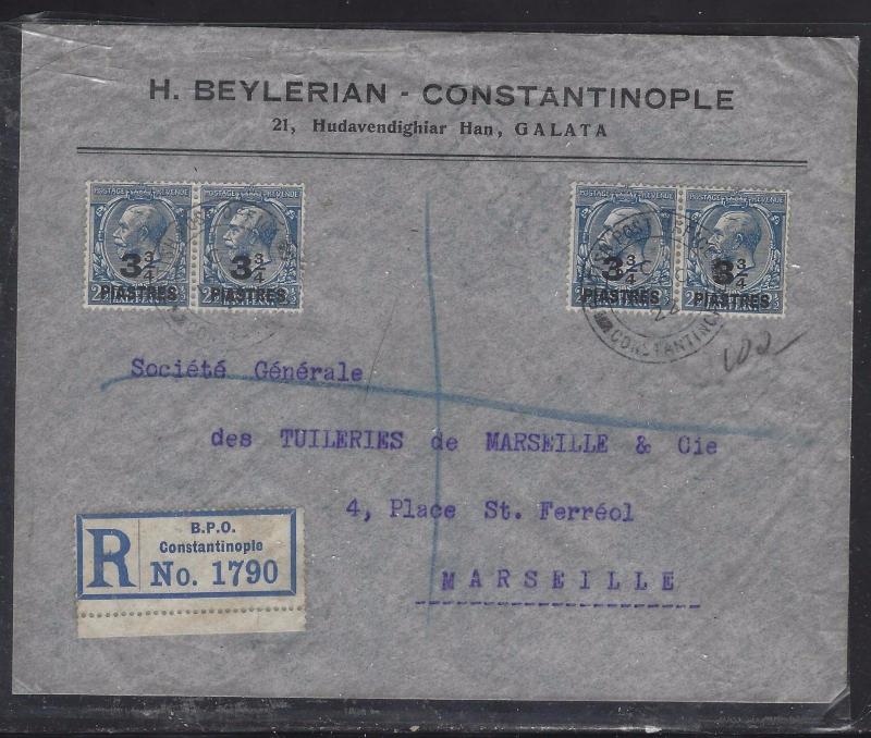 BRITISH LEVANT OFFICES IN TURKEY (P1410B)  KGV 3 2/4PIX4 REG COVER TO FRANCE