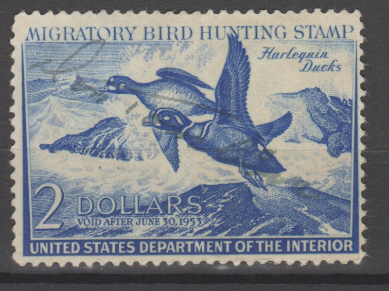 RW19 Hunting Permit Stamp 1952-53 Harlequin Ducks Used Signed Crease