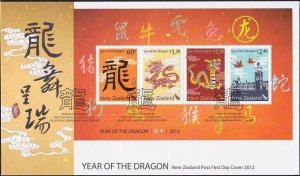 NEW ZEALAND 2012 Year of the Dragon mini sheet FDC.........................B3512