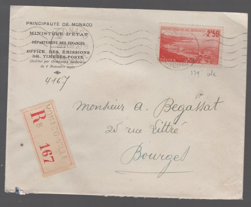 1939 Monaco Registered Cover to Bourgel France Ministery of Finance # 170