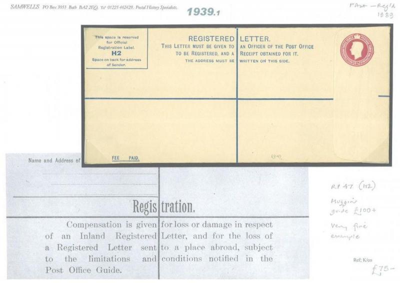 1939.1 GB Registered Postal Stationery Envelope RP47{H}/Unused {samwells-covers}