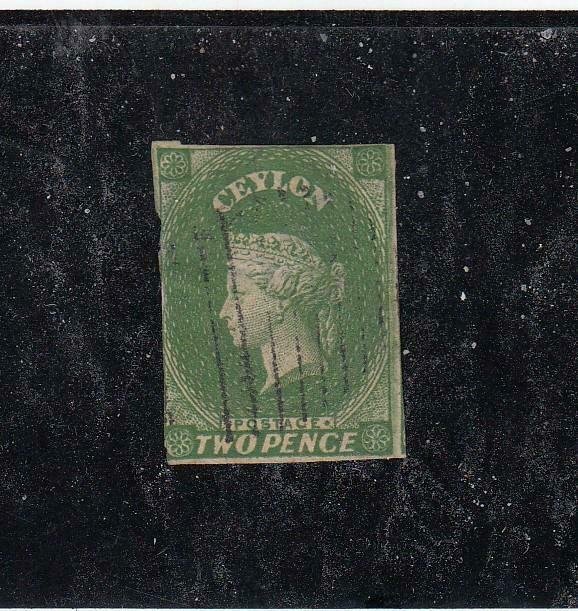 CEYLON (MK6544) # 4  F-USED THIN  2p 1857-59 QUEEN VICTORIA / DEEP GREEN CV $75