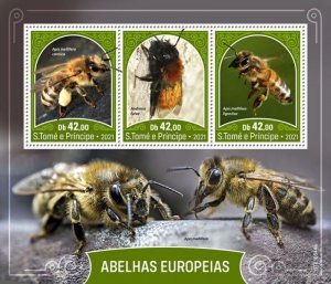 St Thomas - 2021 European Bees, Tawny Mining - 3 Stamp Sheet - ST210544a