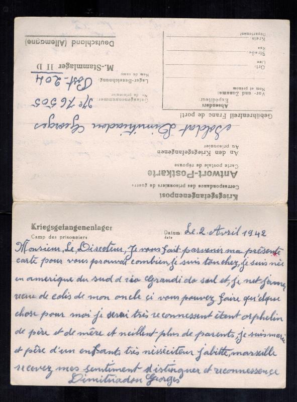 1942 Germany Stalag 2D French Prisoner of War POW Dual Reply PC Cover to USA 