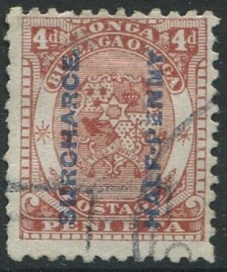 Tonga 1894 SG21a ½d on 4d chestnut Coat of Arms SURCHARCE FU