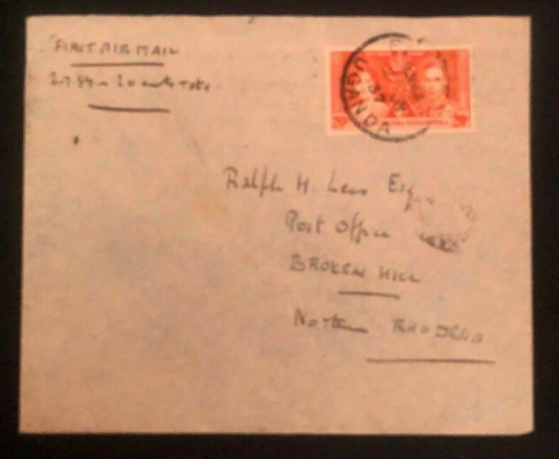 1937 Entebbe Uganda First Flight Cover FFC To Broken Hills Northern Rhodesia