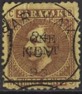 Sarawak 25 (used) 1c on 3c Sir Charles J. Brooke,brn on yel paper (1892)