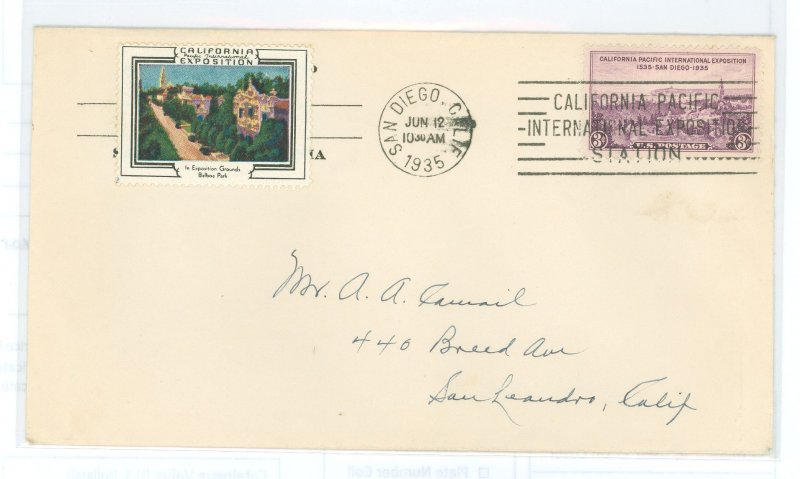 US 773 Small rip on back flap; 1935 California Expo with Expo Cinderella, Expo station cancel and San Diego postmark.