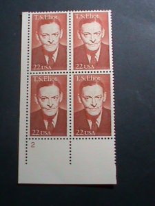 ​UNITED STATES-1986 SC#2239 T.S. ELIOT-POET MNH PLATE BLOCK OF 4 VERY FINE